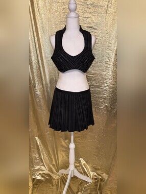 Guess Black Pinstripe Pleated Mini Skirt and Cropped Vest
